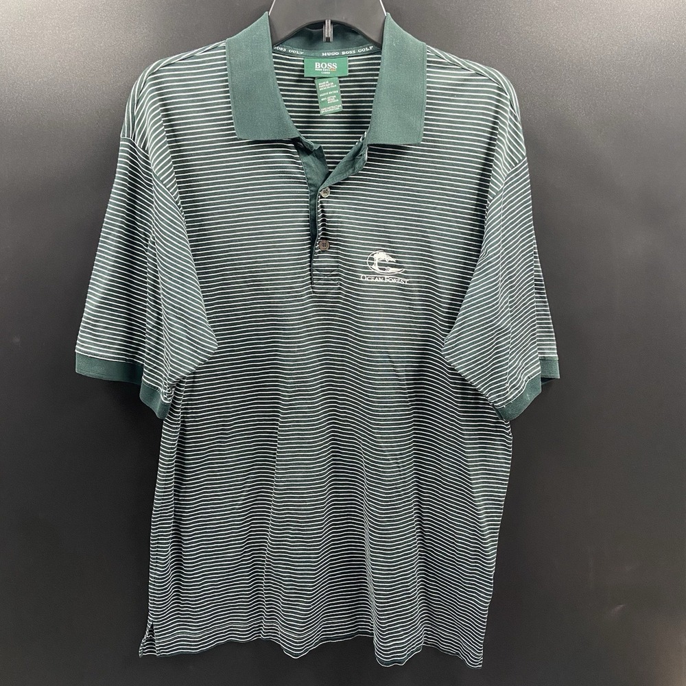 Hugo‎ Boss Polo Shirt Mens Green Large Regular Fit Striped Golf Casual